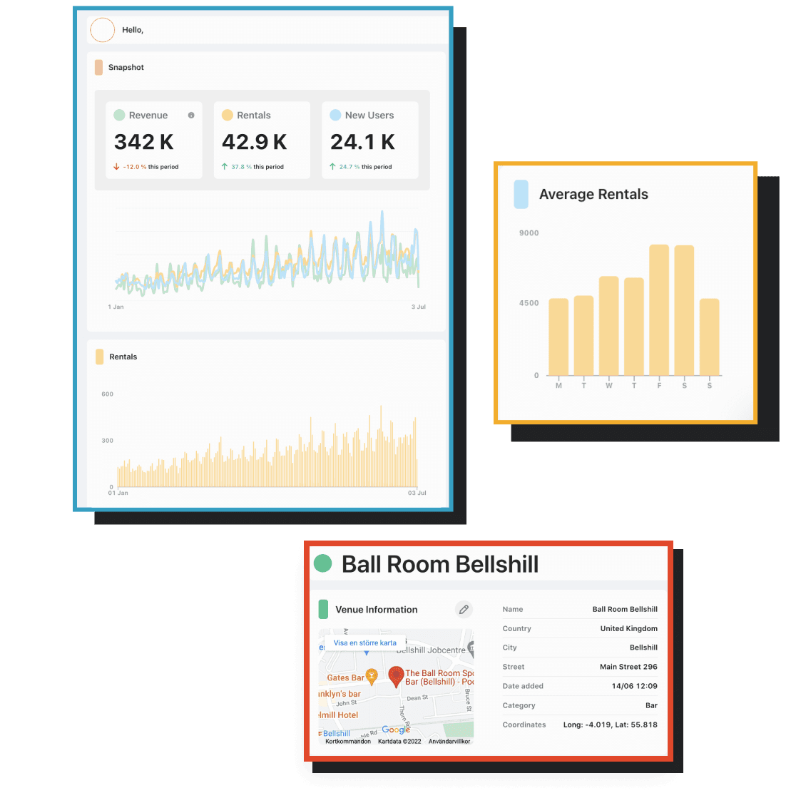 Several screenshots of the Brick admin dashboard