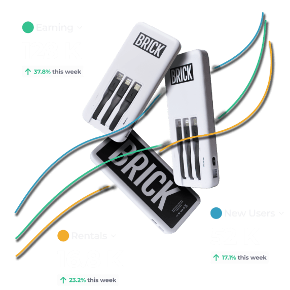 Tre Brick power banks och grafiska linjer som visar positiva resultat